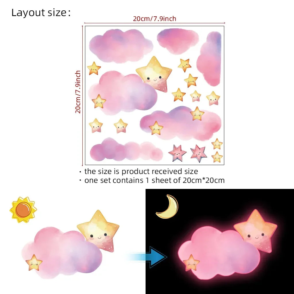sticker mural nuages étoiles phosphorescent rose bleu vert adhésif chambre enfant moderne