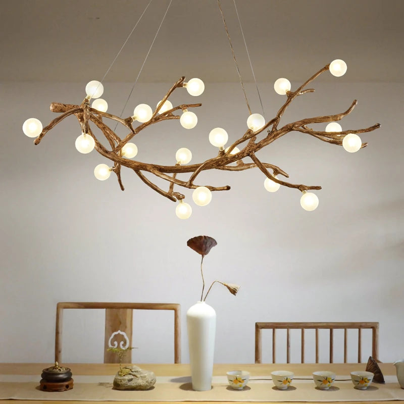 suspension lumineuse moderne branchies naturelles boules translucides marron clair blanc