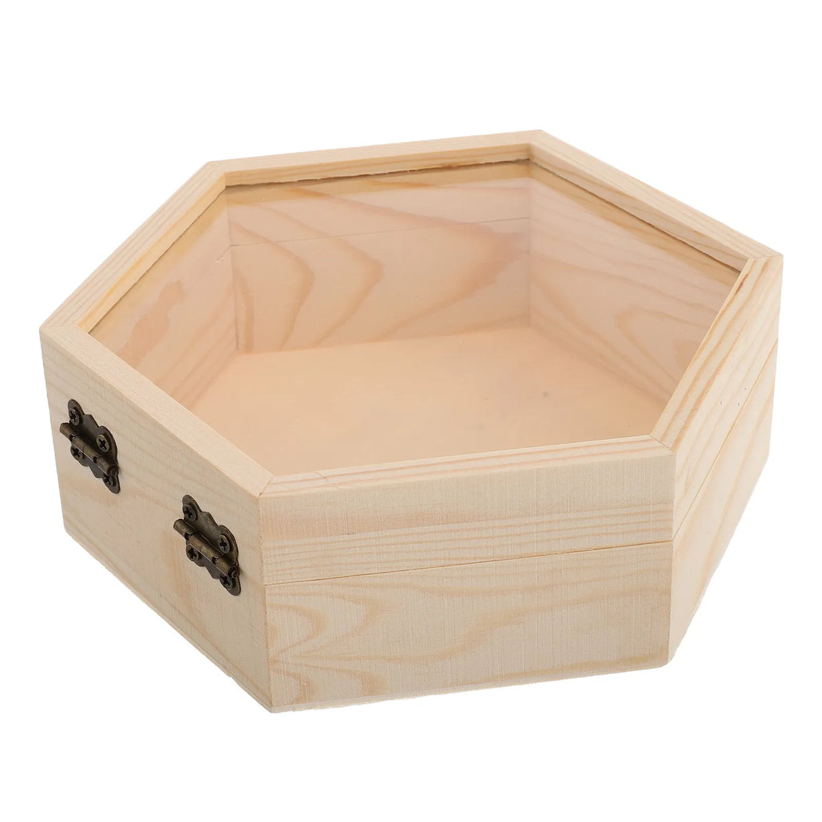 boîte hexagonale bois clair grain bois cadenas métallique classique rustique 16x16x5cm