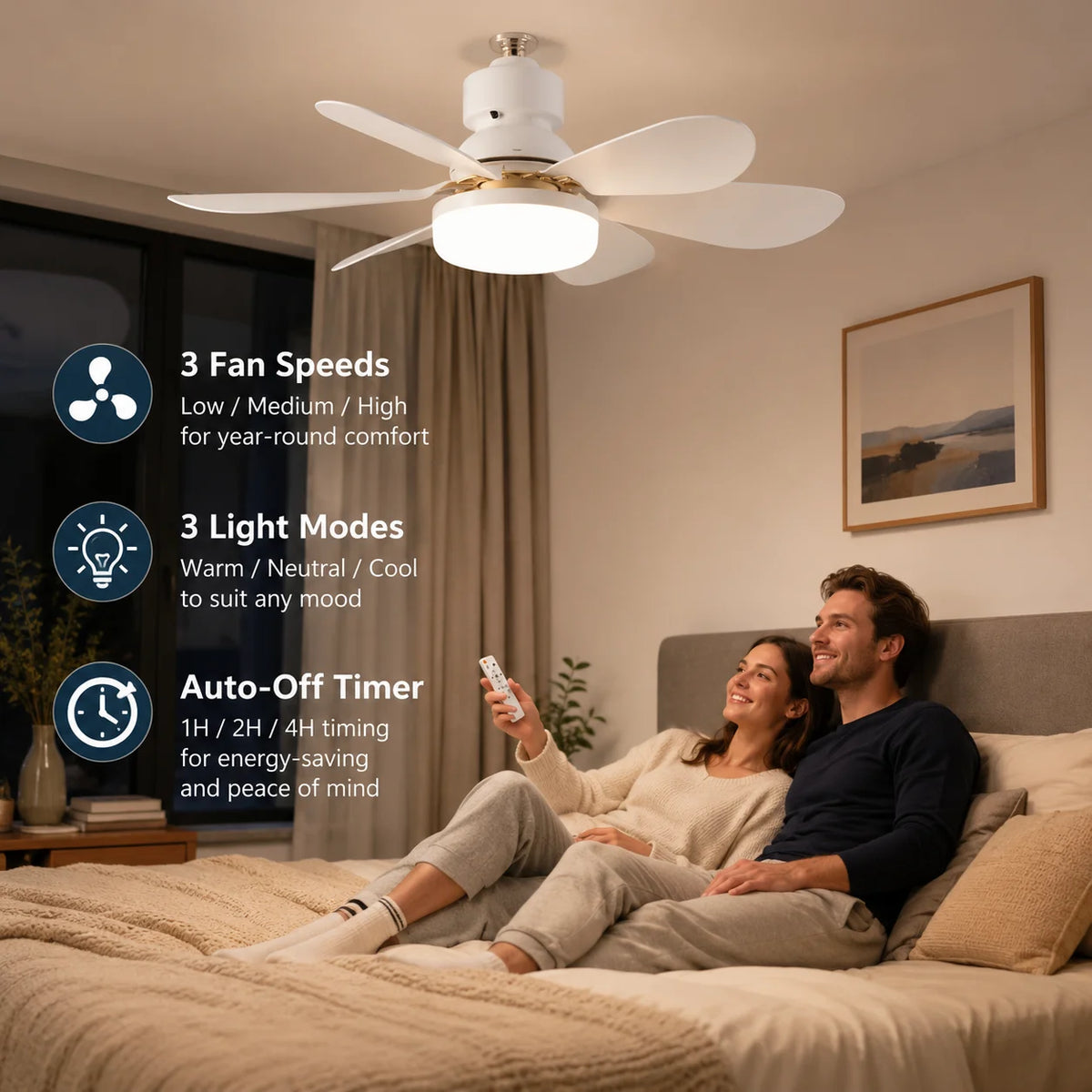 ventilateur lumière led 30w télécommande blanc moderne minimaliste contemporain fonctionnel