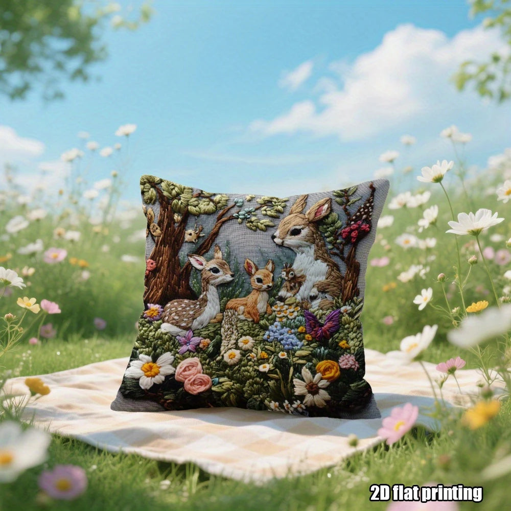 housse coussin motif forêt animaux renards papillons fleurs colorées naturel polyester gris 45x45cm