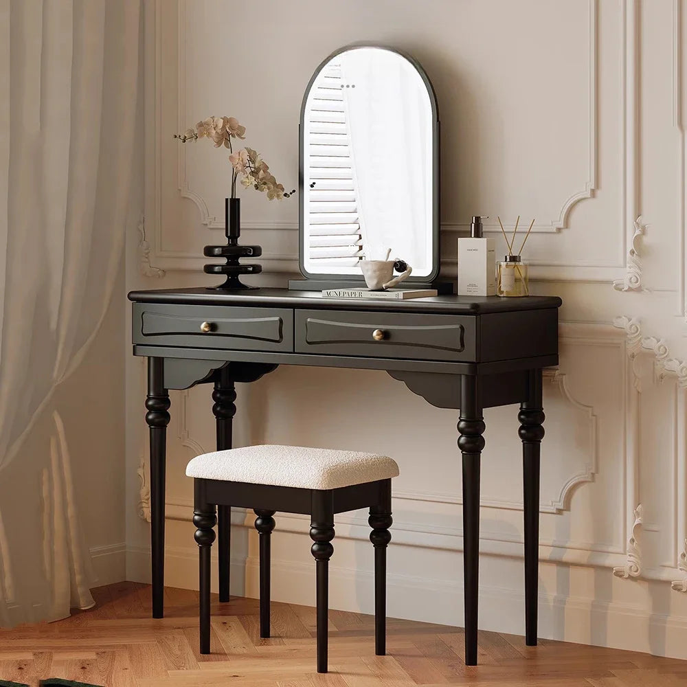 maquillage noir classique tiroirs accessoires tabouret miroir ovale chambre coucher minimaliste moderne