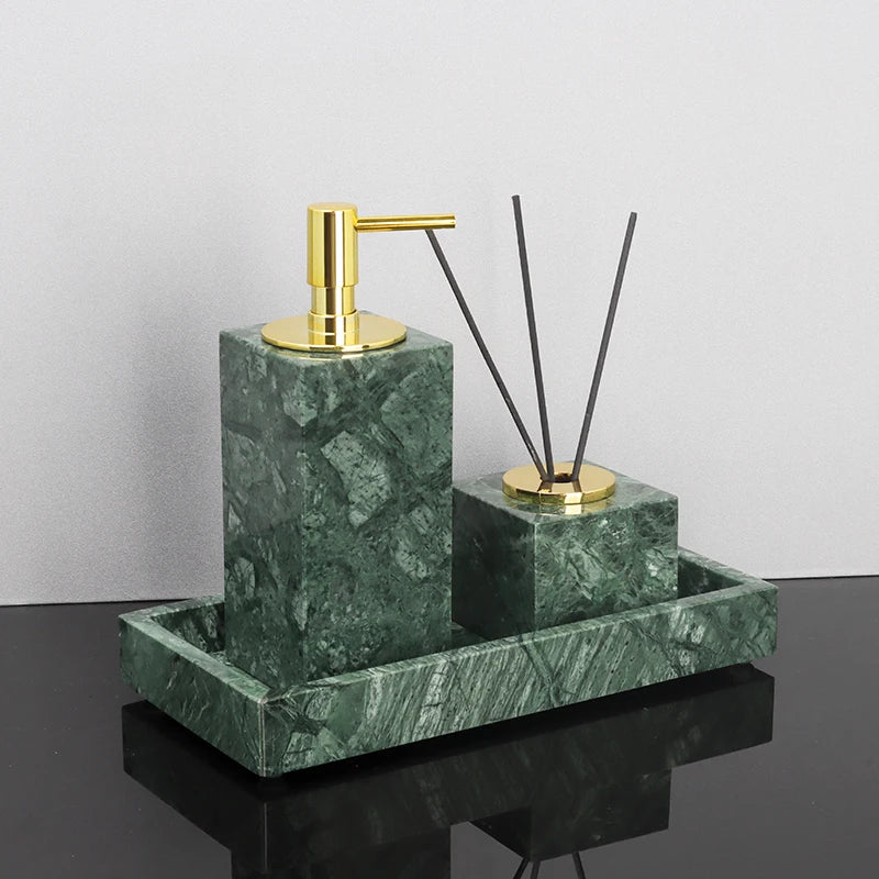 ensemble salle bain marbre vert doré distributeur savon porte brosse dents plateau rangement