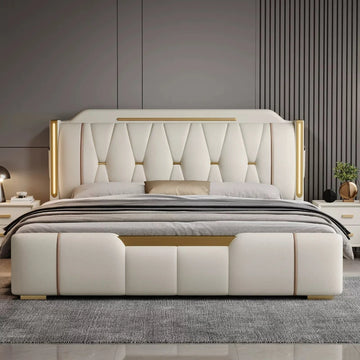 lit double luxe beige doré tête lit capitonnée rangement chambre moderne contemporain
