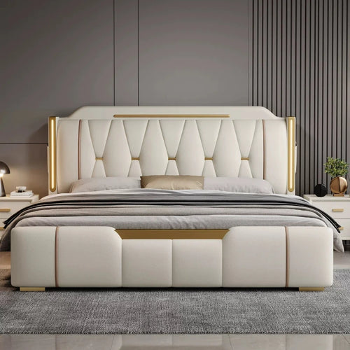 lit double luxe beige doré tête lit capitonnée rangement chambre moderne contemporain