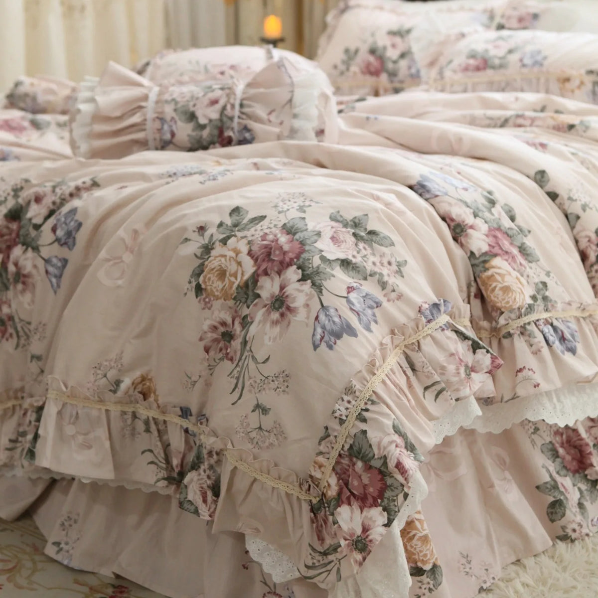 ensemble literie fleuri romantique 100 coton king size beige rose vert bleu