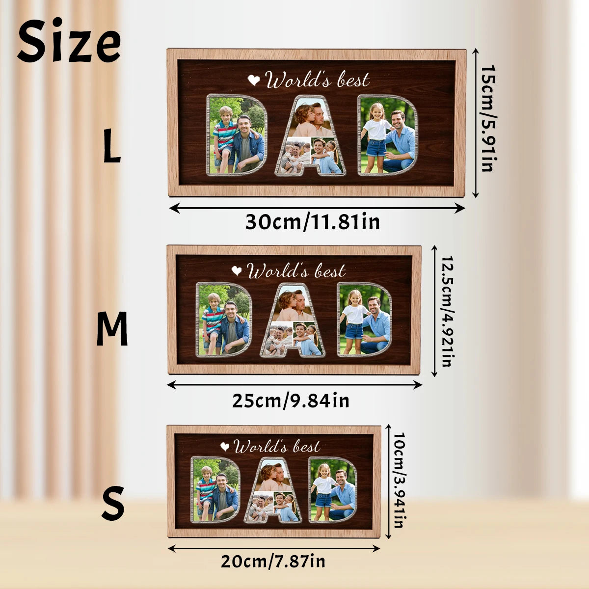 cadre photo personnalisé bois marron décoration familiale texte dad world's best