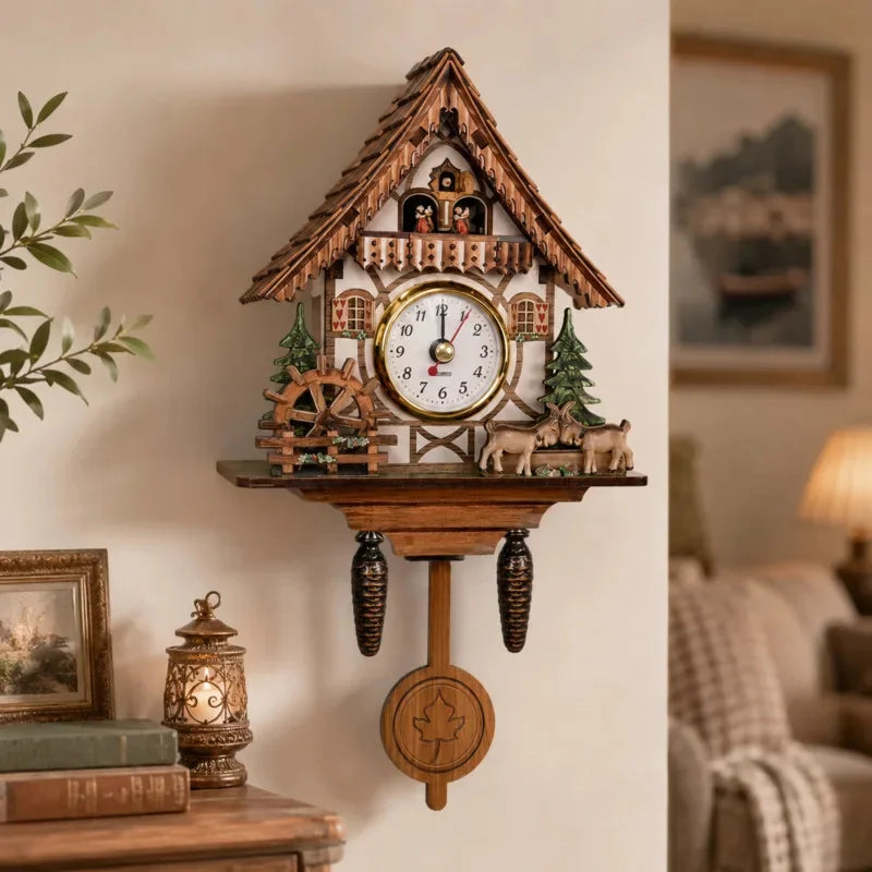 horloge murale coucou bois sculpté rustique salon décoratif pastorale animaux aiguille quartz