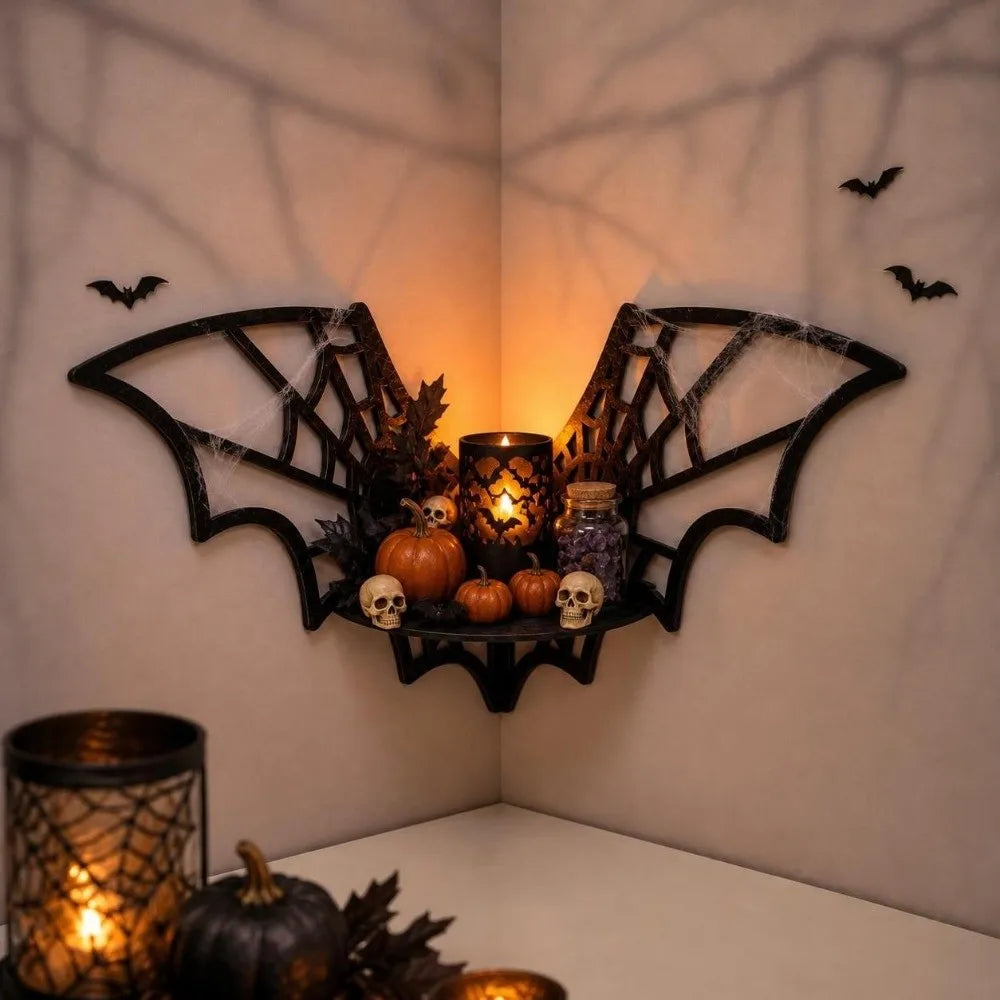 étagère murale chauve souris bois toile d'araignée gothique noir artisanat