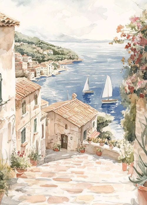 tableau peinture huile paysage village côtier santorin grèce toile décor salon mur maison