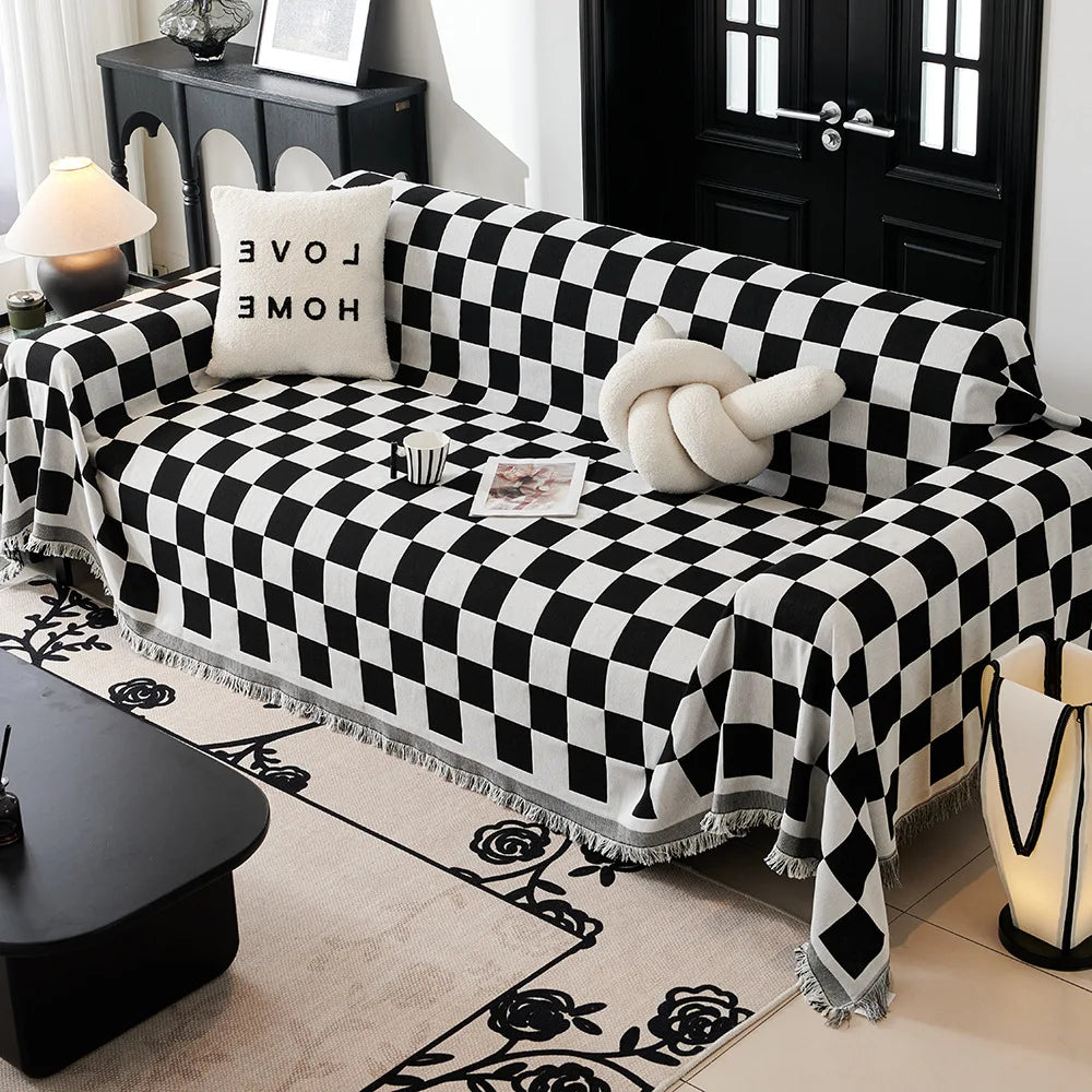 housse canapé moderne carreaux géométriques noir blanc vert olive coton polyester extérieur accueil