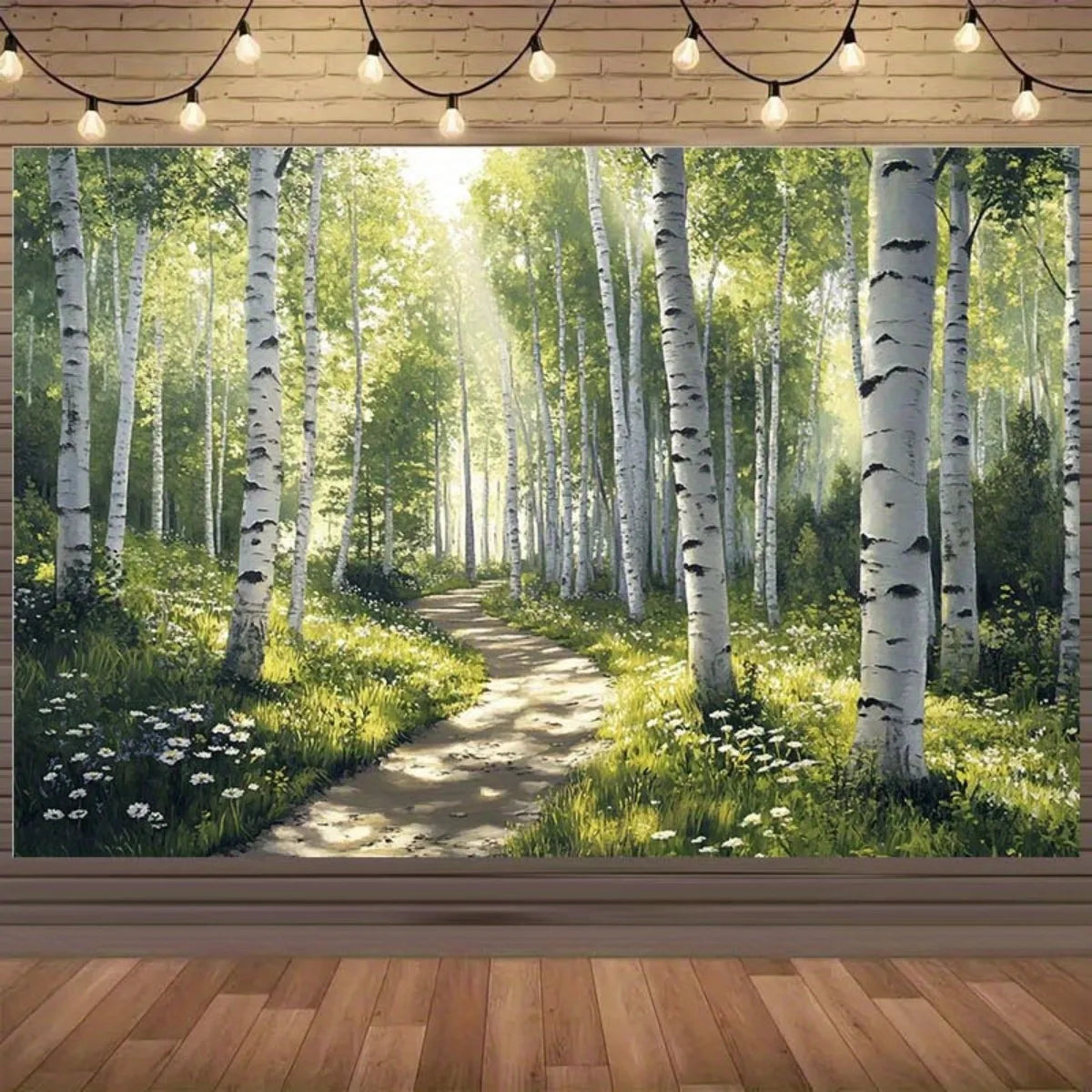 panneau mural forêt chemin naturel arbres blancs herbe verte fleurs chambre salon decoration polyester