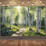 panneau mural forêt chemin naturel arbres blancs herbe verte fleurs chambre salon decoration polyester