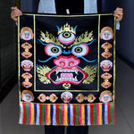 tissu décoratif tibétain brodé visage démon franges multicolores suspension tibétain rituel