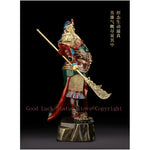 statue guerrier chinois or armure détaillée barbe cheveux longs traditionnel or vert rouge bleuargent