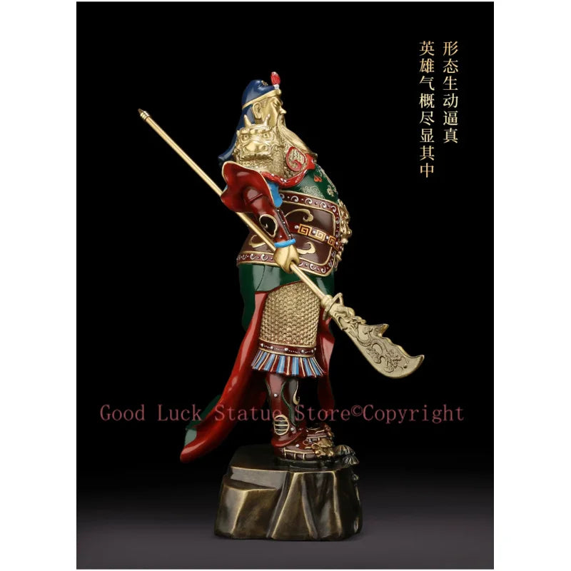 statue guerrier chinois or armure détaillée barbe cheveux longs traditionnel or vert rouge bleuargent