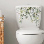 autocollant floral décoration salle bain toilettes feuilles fleurs branches aquarelle vert blanc jaune gris