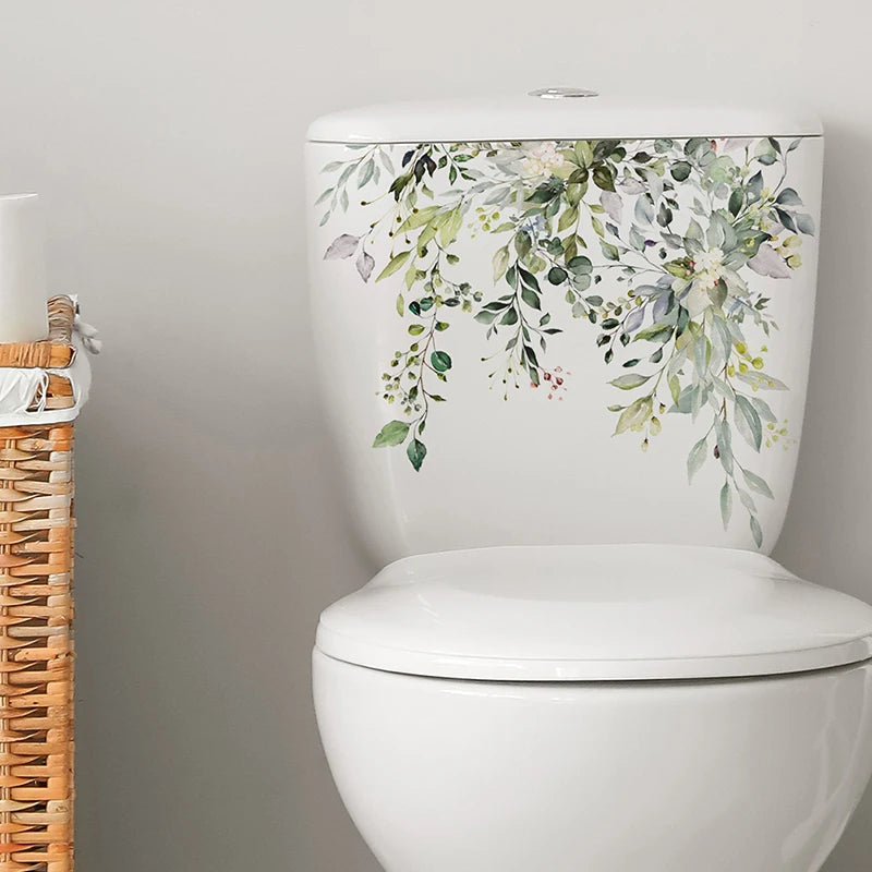 autocollant floral décoration salle bain toilettes feuilles fleurs branches aquarelle vert blanc jaune gris