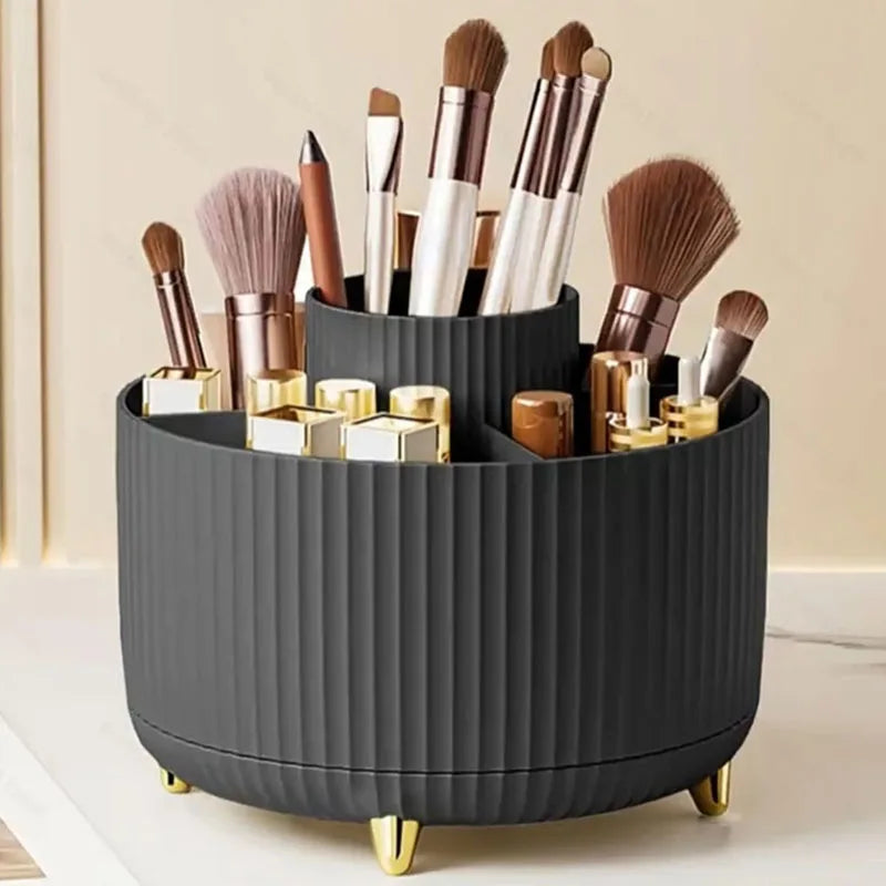 organisateur maquillage rotatif blanc noir rayures verticales moderne élégants pieds dorés pinceaux maquillage boîtes