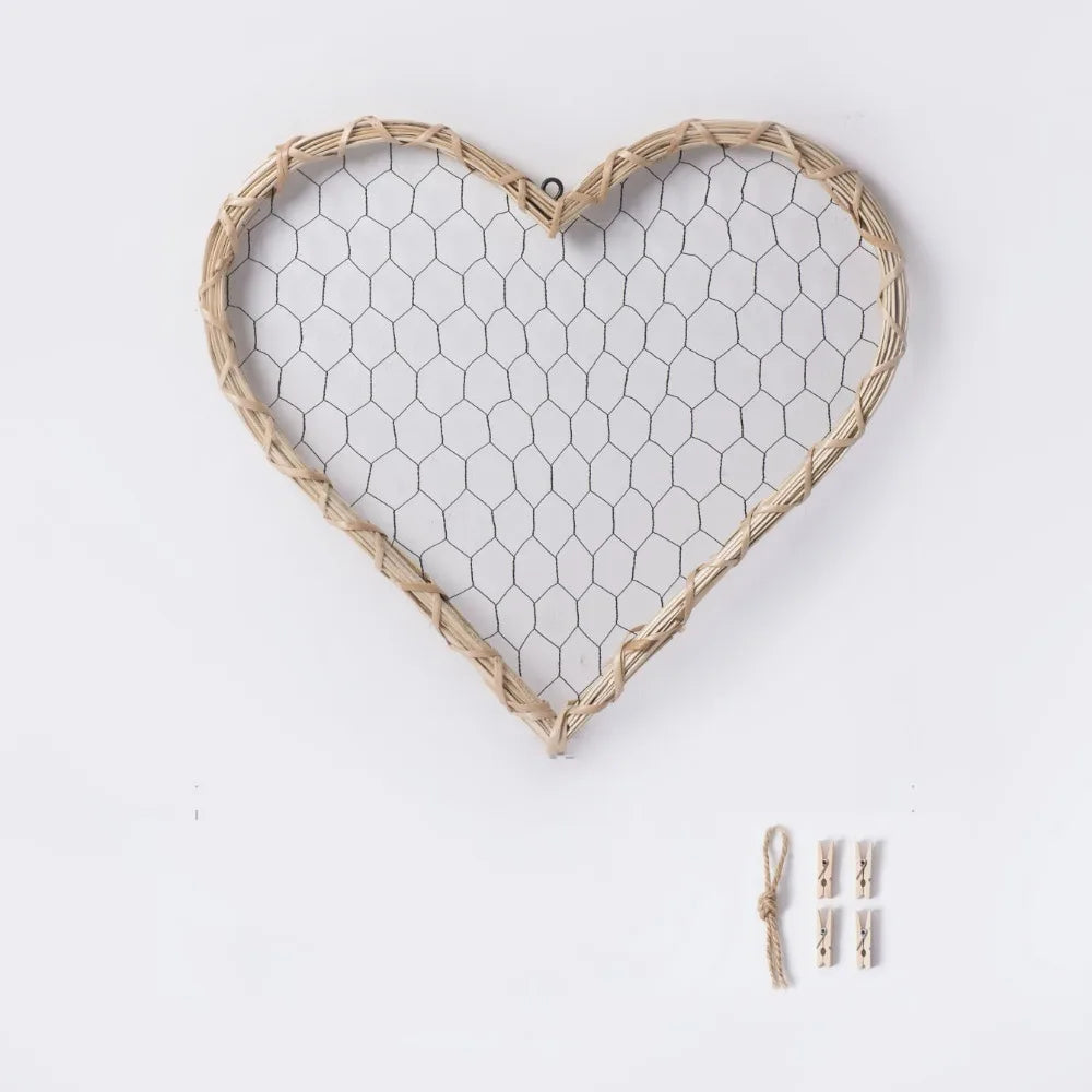 cadre mural tressé rustique boho chic forme cœur naturel clips ruban noir