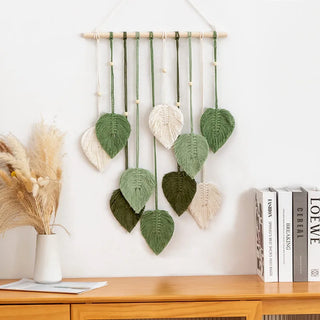 décoration murale macramé feuilles texturées vert beige naturel bohème rustique suspension bois