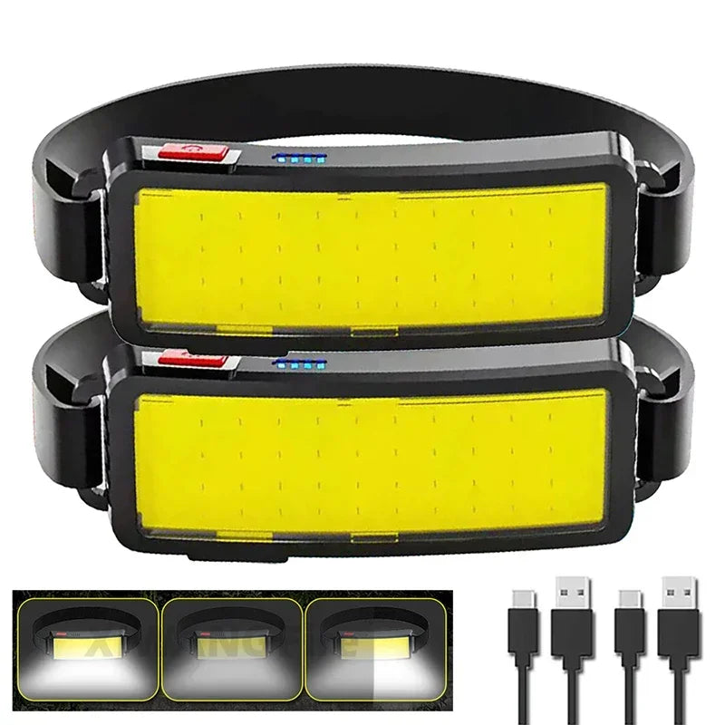 lampe frontale rechargeable led noire jaune camping pêche ajustable étanche 10w modérne usb