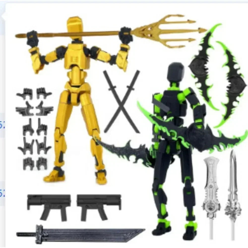 figurine articulée violet bleu noir vert épées trident accessoires main fantastique médiéval