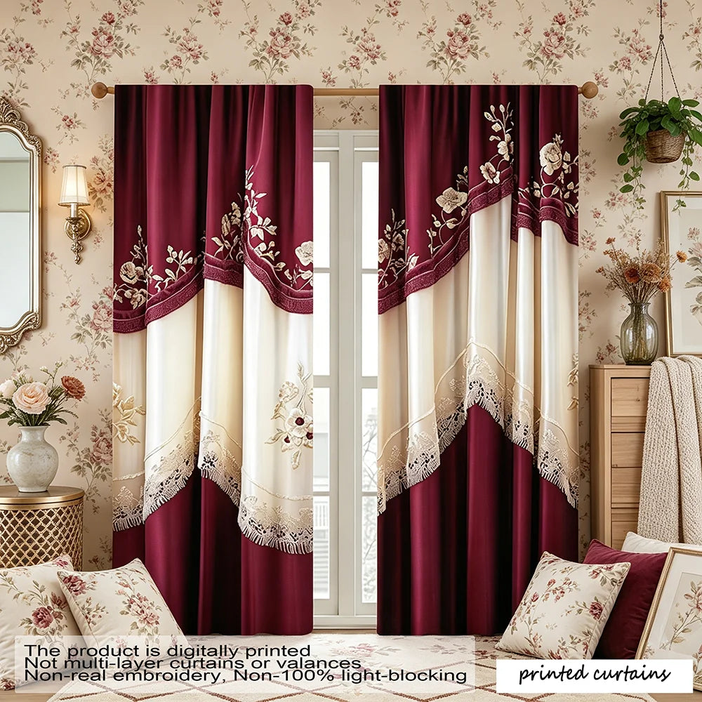 rideaux imprimés fleurs blanches rouge bordeaux beige bordure dentelle opaqueness salon moderne