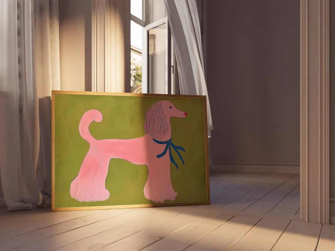 tableau mural chien stylisé rose moderne décoration animaux compagnie verte bleue chambre enfants