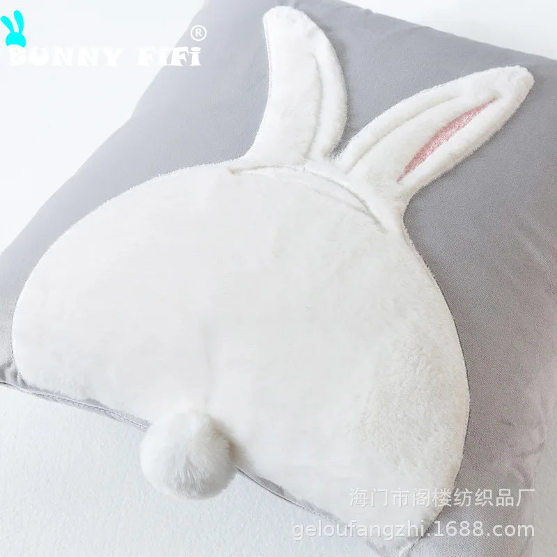 coussin gris clair motif lapin blanc mignon fermeture glissière ultra doux polyester coton jacquard