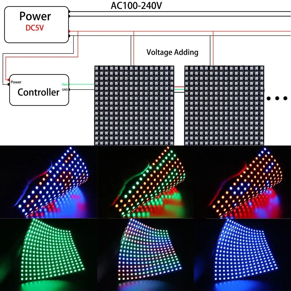 matrice led 8x8 16x16 8x32 multicolore ws2812 rgb flexible moderne grille points lumineux