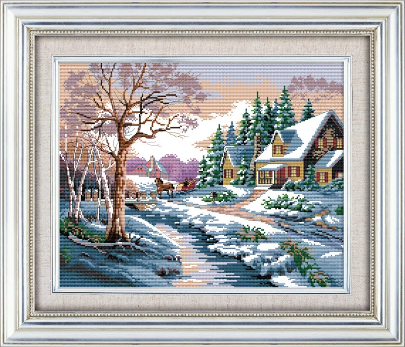 toile point croix paysage hivernal maison arbres ruisseau multicolore coton broderie diy plié sac