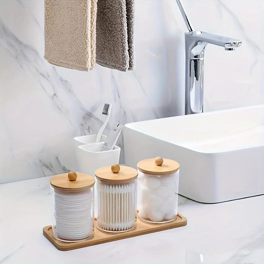 pots verre couvercles bois plateau rectangulaire coton cotons tiges démaquillants moderne minimaliste ensemble pièces