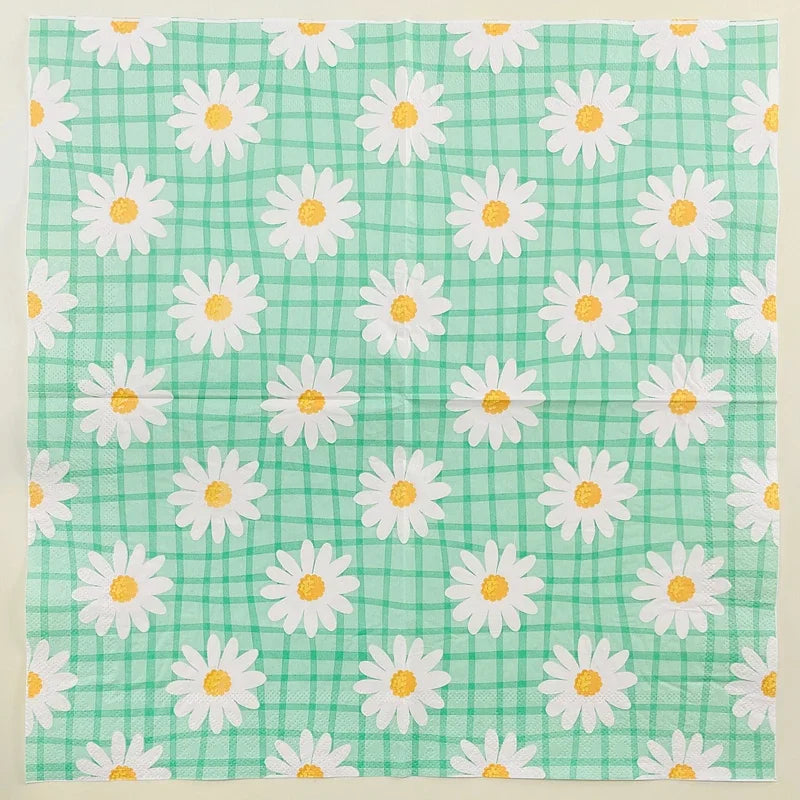 serviettes papier imprimées motif carreaux fleurs vintage vert clair blanc jaune rustic