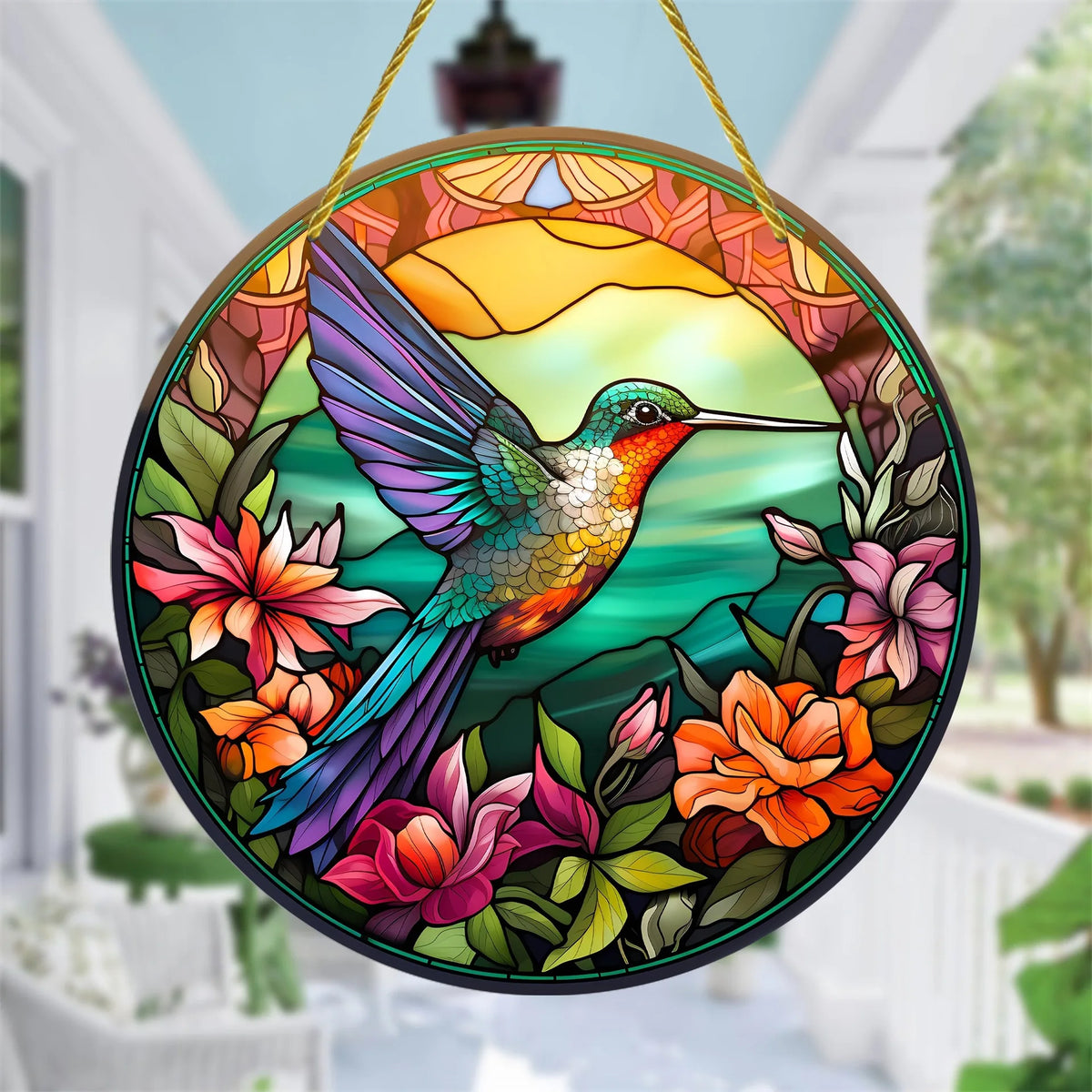 décoration extérieure oiseau verre soufflé art deco multicolore cordelette fleurs transparent