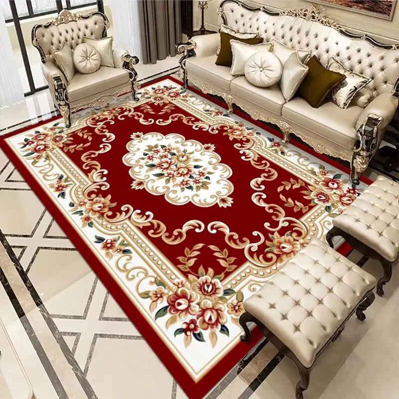Élégant salon orné de mobilier style baroque, avec un tapis persan rouge et or somptueux, mettant en valeur le charme de cette pièce luxueuse.