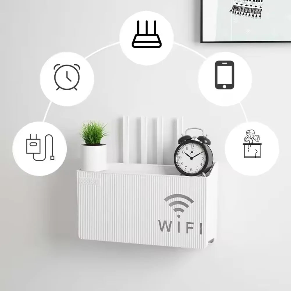 boîte rangement murale moderne blanc rayures verticales fixations oreilles salon router wifi