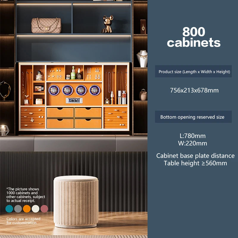 table vanité électrique miroir maquillage système levage vocal rangement bijoux armoire enrouleur montre moderne