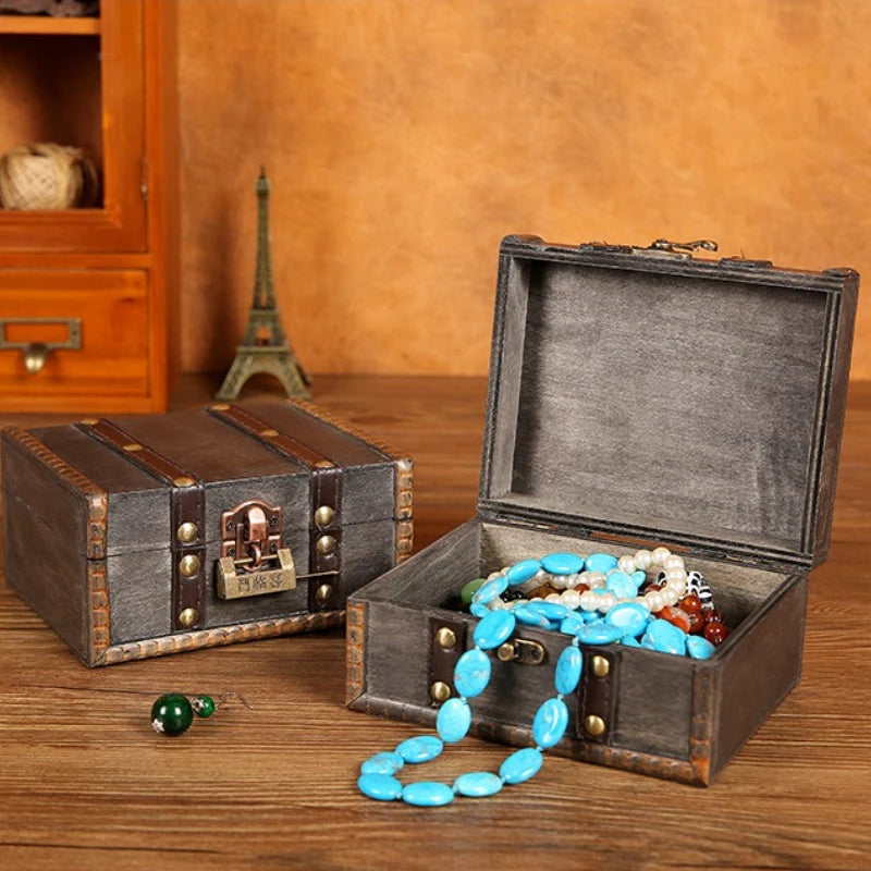 boîte bijoux vintage bois marron cadenas réutilisable bracelet collier boucles d'oreilles vintage classique grains