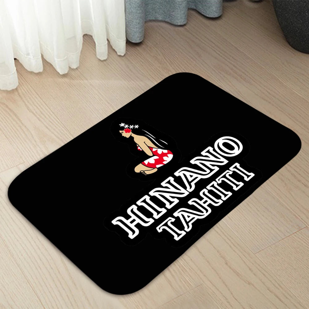tapis moderne graphique hinano tahiti femme bikini palmiers noir blanc rouge