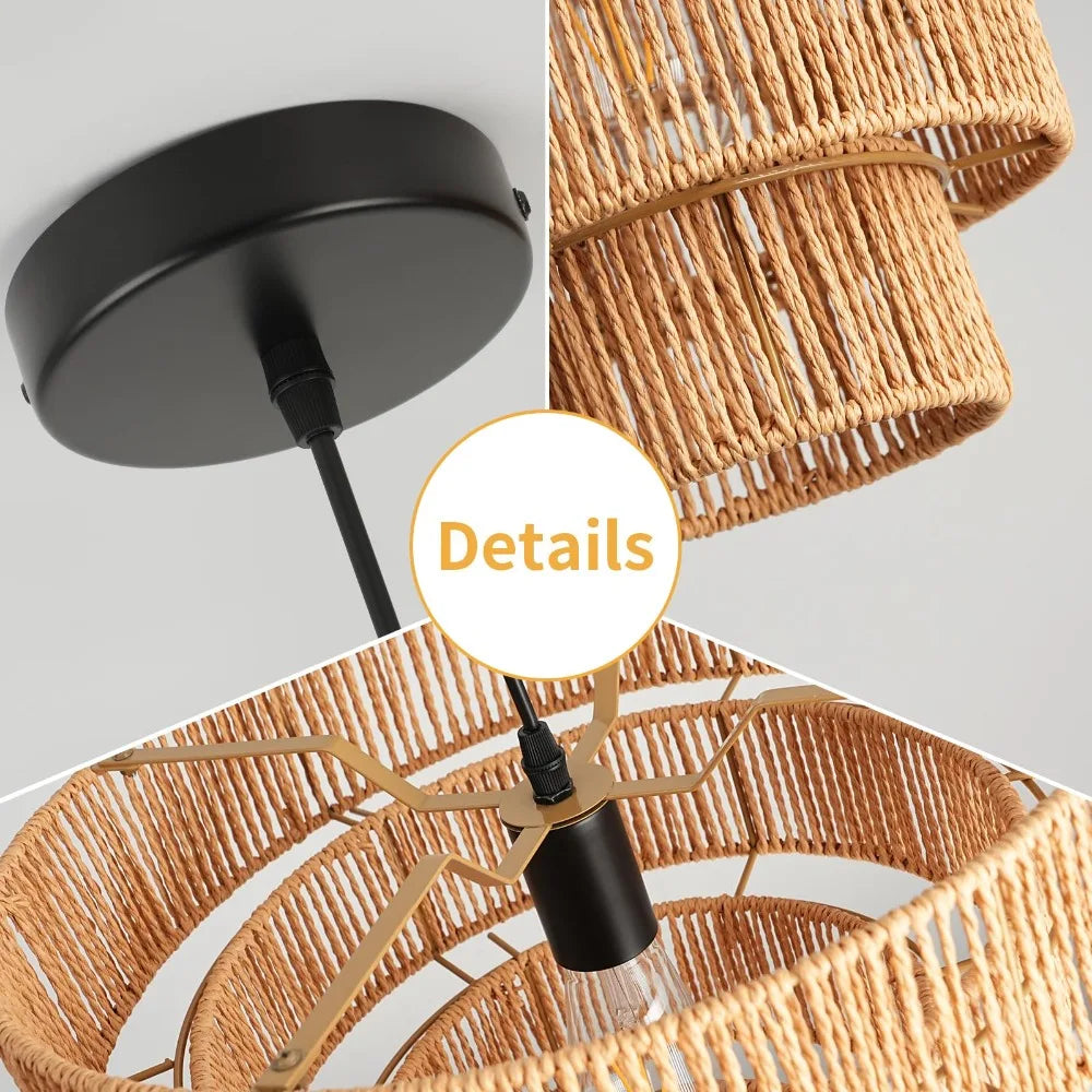 Suspension lumineuse tressée bambou moderne boho chic naturel noir fixée câble