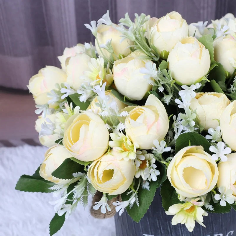 décoration intérieure bouquet fleurs artificielles roses blanches feuilles vertes modernes 29cm 3pcs