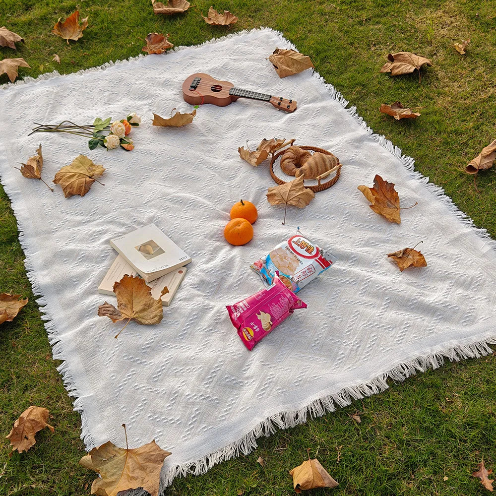 tapis plage rose blanc boho chic rayures diagonales franges pique nique extérieur portable