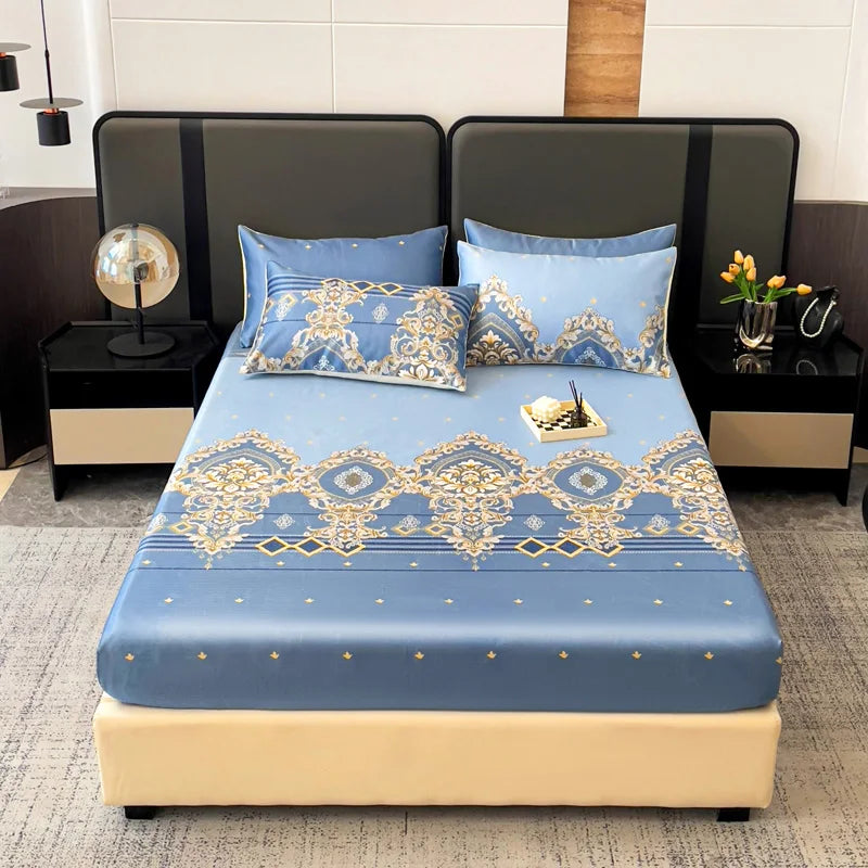 drap housse lit bleu clair doré motif floral classique taies d'oreiller coton