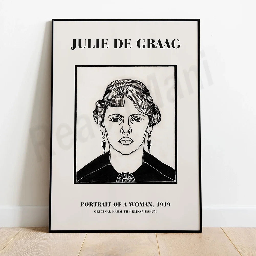 Portrait d'une femme au style art déco, représentée avec un visage aux traits stylisés et une coiffure caractéristique de l'époque, encadré d'un texte indiquant le nom de l'artiste, Julie de Graag, ainsi que le titre et la date de l'œuvre, "Portrait of a Woman, 1919".