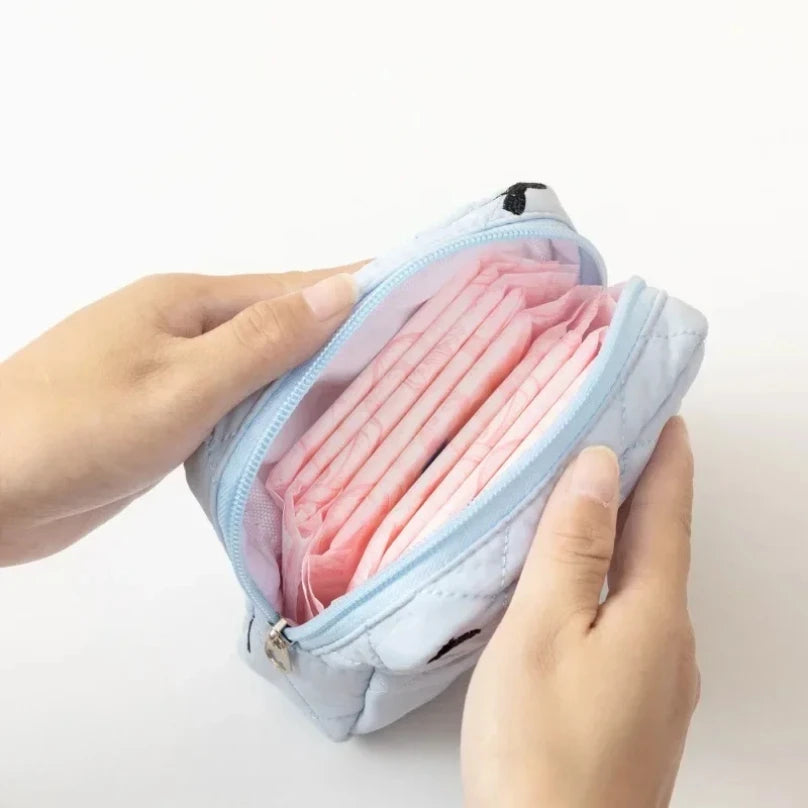 Sac cosmétiques polyestère noir blanc rose bleu cuir mat fermeture glissière poudre compacte brosse