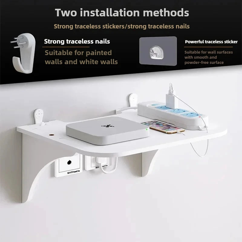 étagère murale blanche moderne prise électrique adhésive télécommandes routeur chargeurs minimaliste suspension
