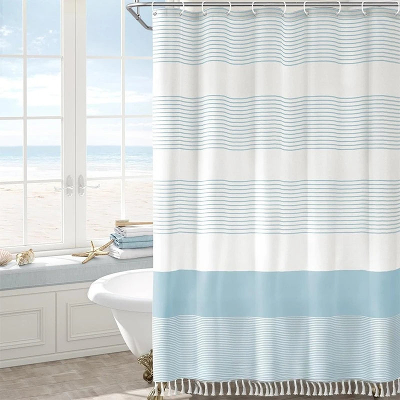rideau douche polyester bleu clair rayures horizontales plissé moderne opale