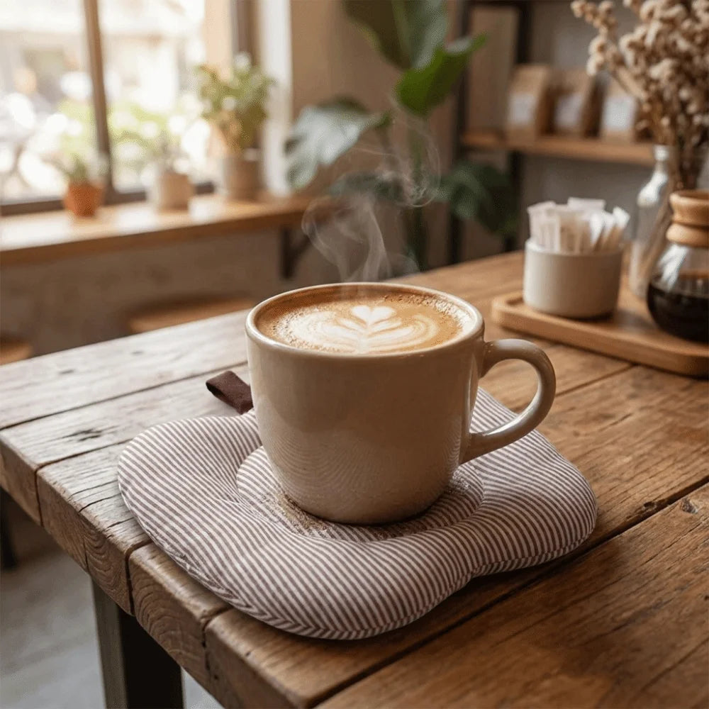 coussin protection tasse rose blanc rouge moderne doux clips métal anti brûlure rayures points