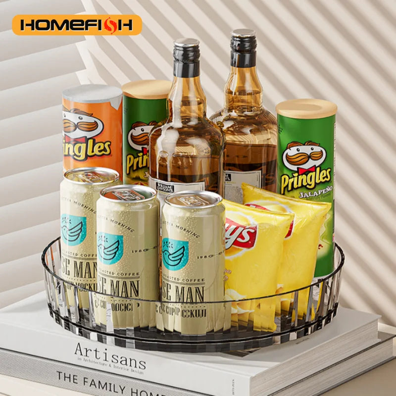 organisateur rangement rotatif transparent rayures noires blanches moderne bouteilles épices condiments cosmétiques salle bain